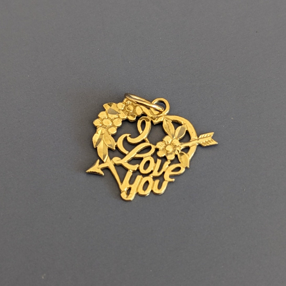 Estate 14k Yellow Gold "I Love You" Heart Pendant Charm with Arrow & Flowers