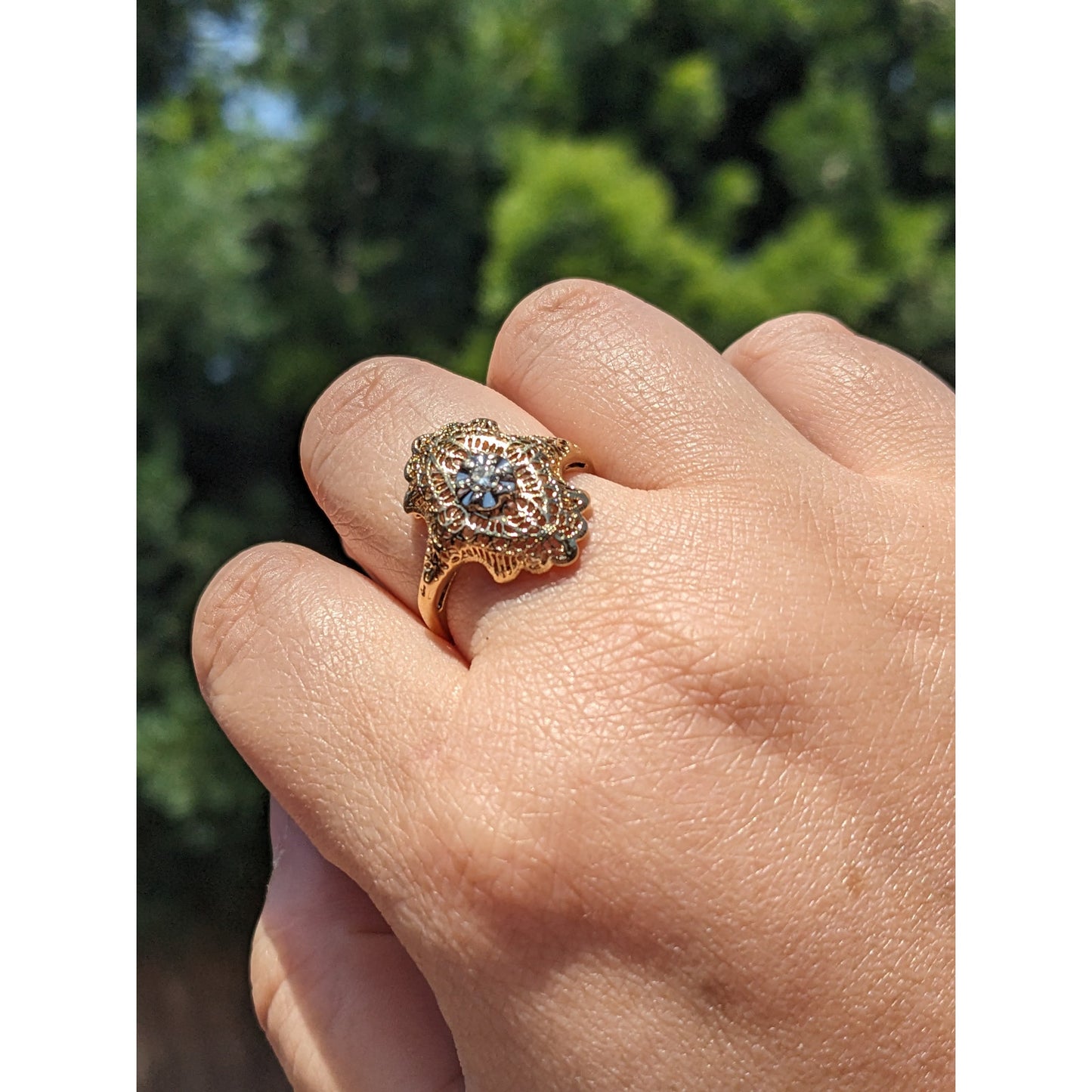 FLAW Vintage 14k Yellow Gold Filigree Diamond Cocktail Ring Size 7.75