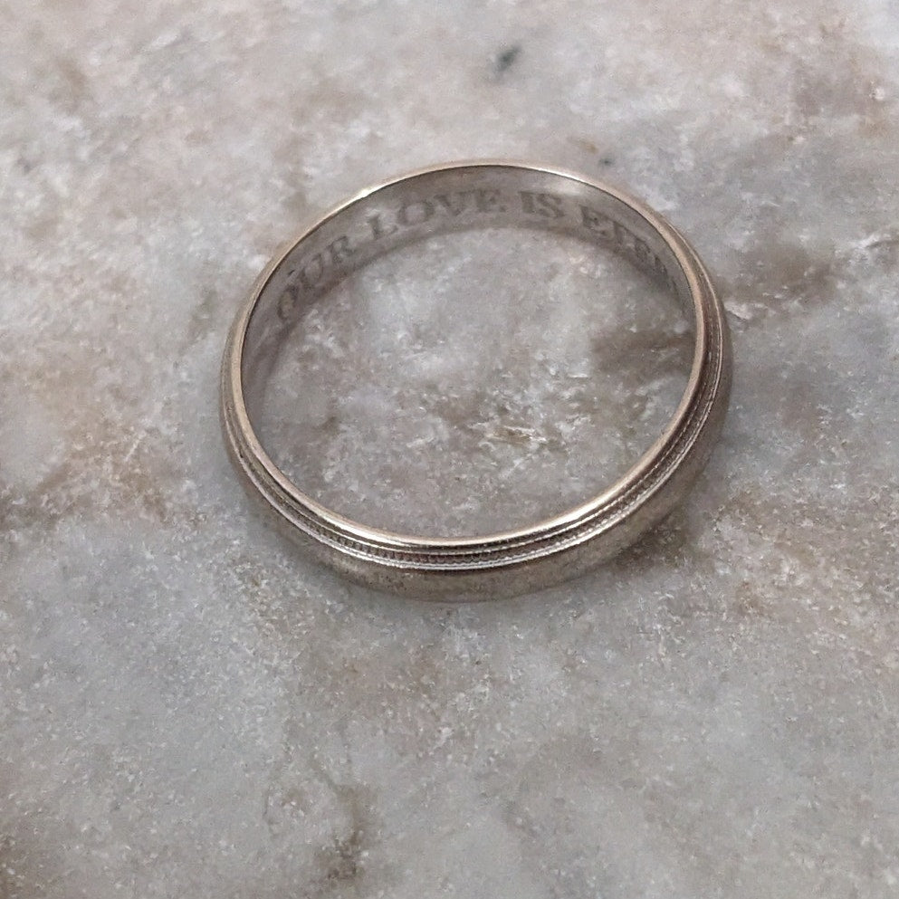 Vintage 10k White Gold "Our Love Is Eternal" Engraved Simple Wedding Band Size 7