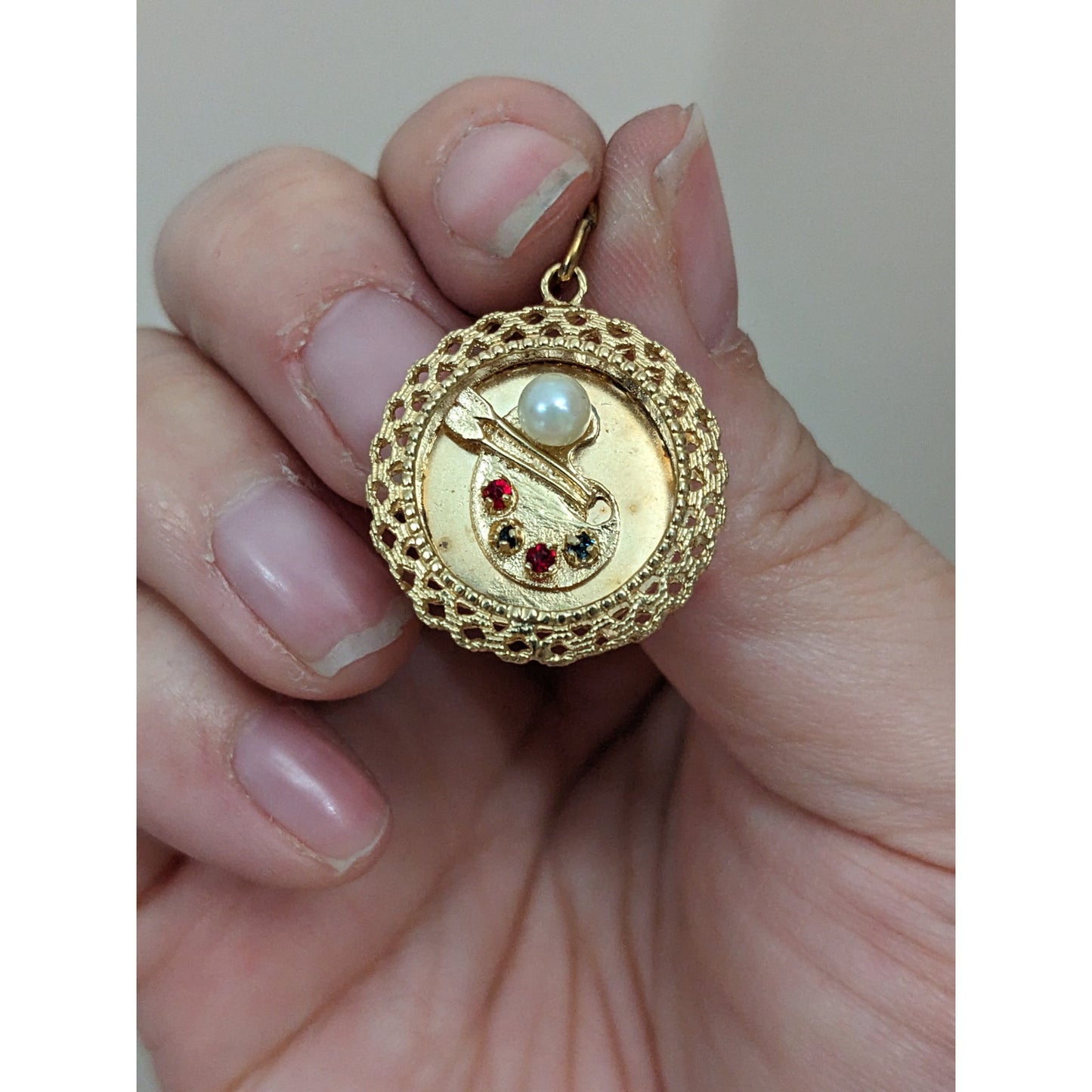 Vintage 14k Yellow Gold Art Paint Pallet Charm with Gems Pendant