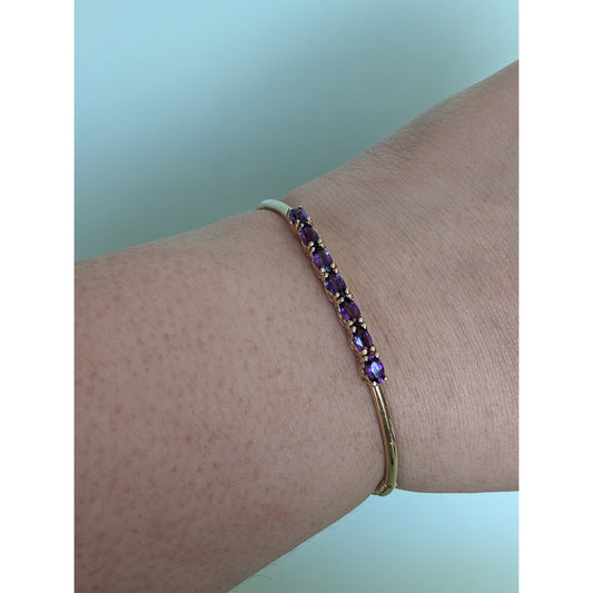 Vintage 14k Yellow Gold Hollow Bangle with Oval Purple Amethyst Bracelet