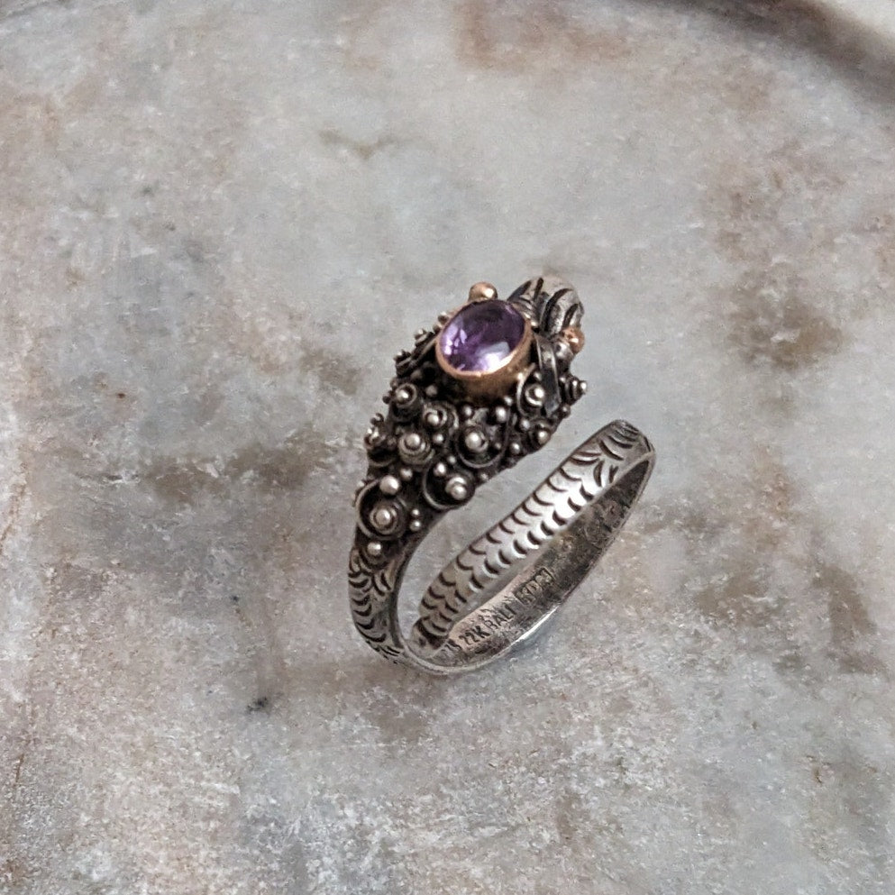 Vintage 925 Sterling Silver and 22k Gold Accent Dragon Amethyst Ring Size 6
