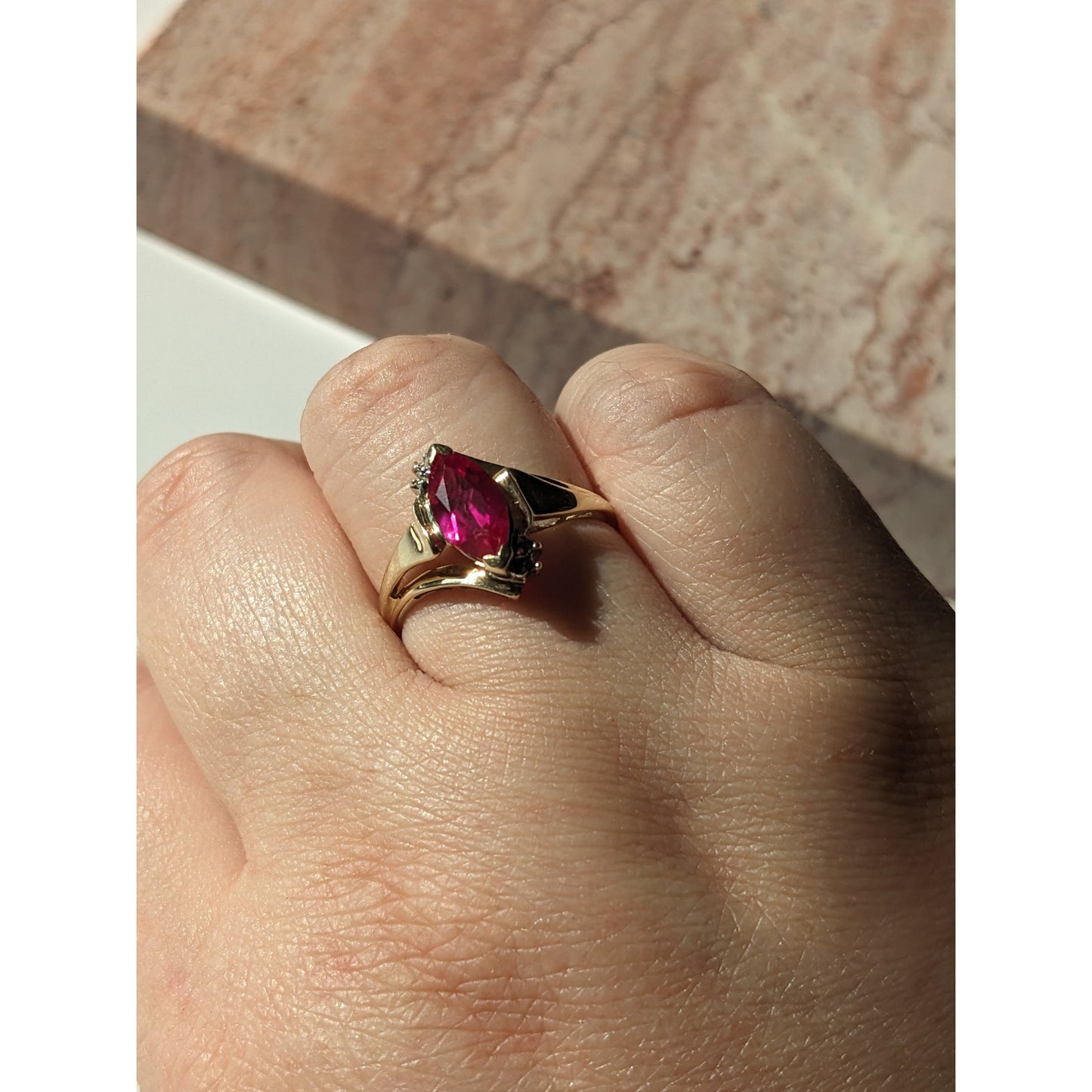 Vintage 10k Yellow Gold Faux Marquise Ruby Ring Size 7