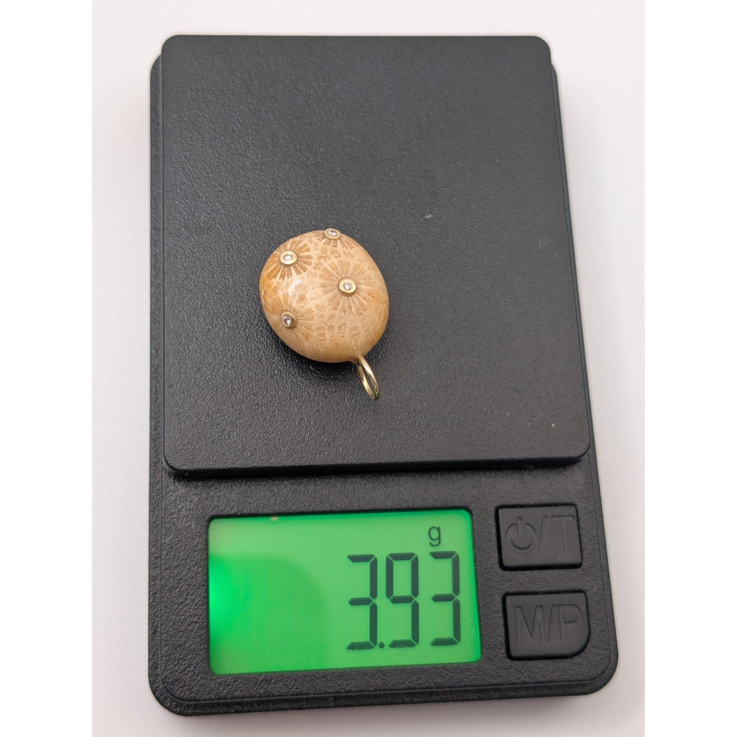 Carved Fossil Coral Pendant in Solid 14K Gold with Natural Diamonds Pendant