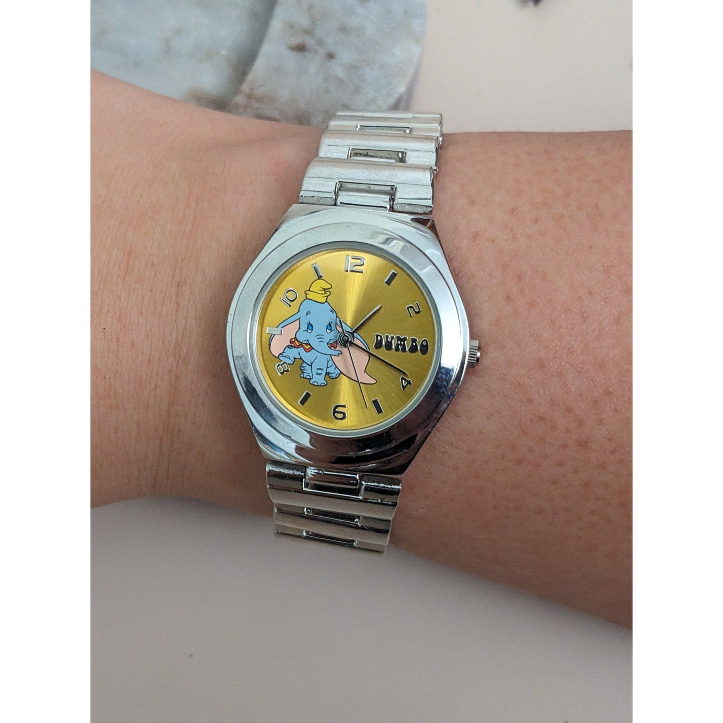 Vintage Andre Mouche Silver Tone Bangle Watch with Blue Floral Enamel Working