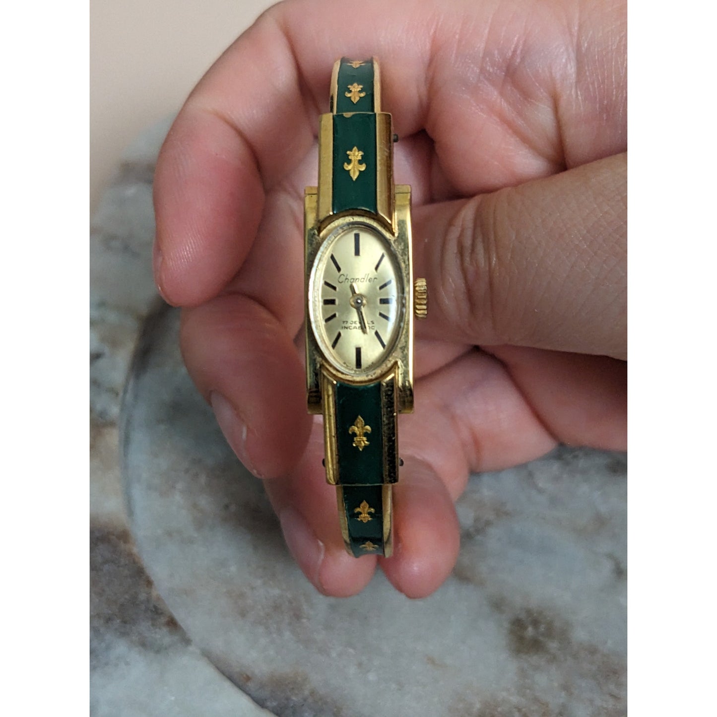 Vintage Andre Mouche Silver Tone Bangle Watch with Blue Floral Enamel Working