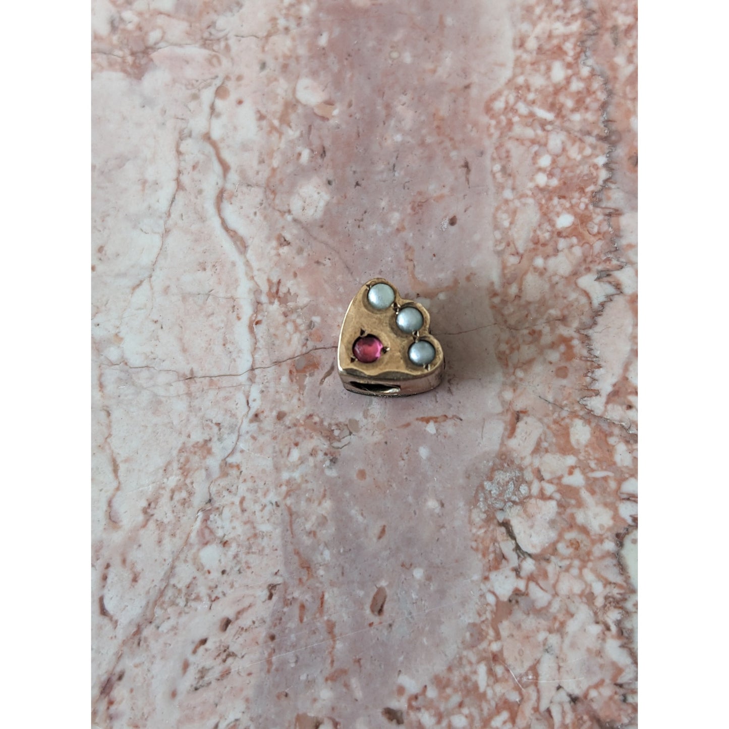 Vintage Unmarked 10k Gold Heart Shaped SLider Charm with Pink and White Stones