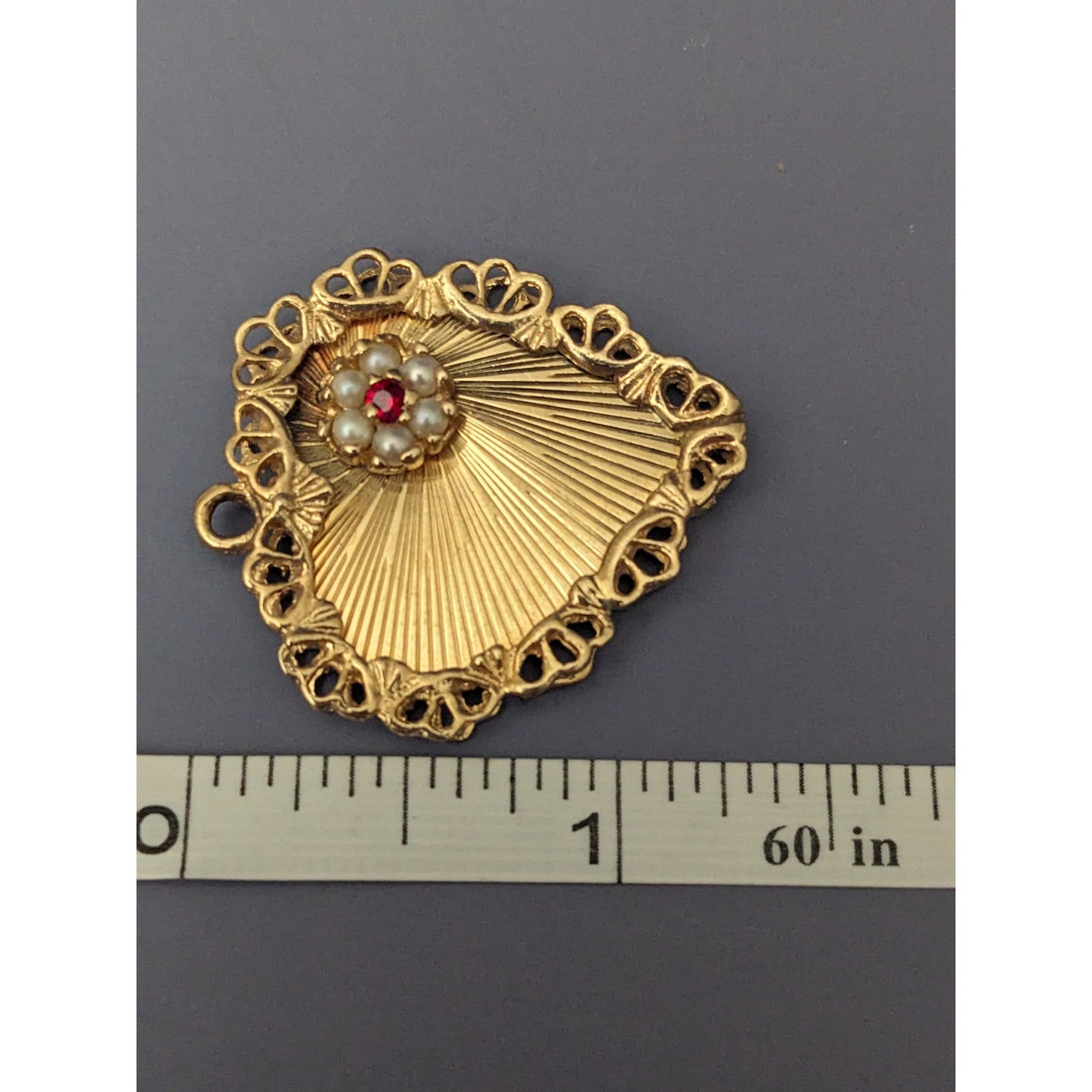 Vintage 14k Solid Yellow Gold with Pearls and Red Gem Flower Heart Pendant