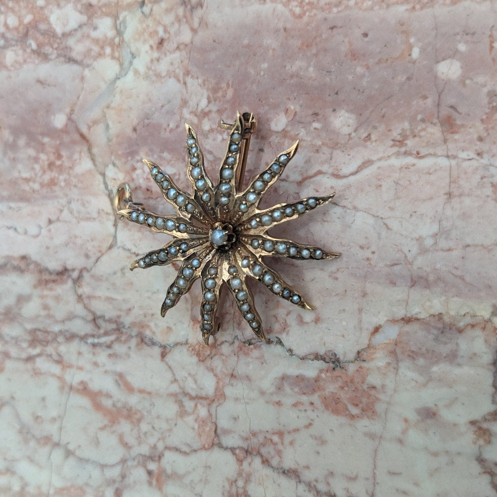 Vintage 10k Gold Starburst Sun with Seed Pearls Brooch / Pendant