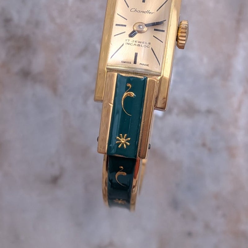 Vintage Chandler MANUAL Gold Tone Bangle Watch Green Enamel & Gold Floral Accent