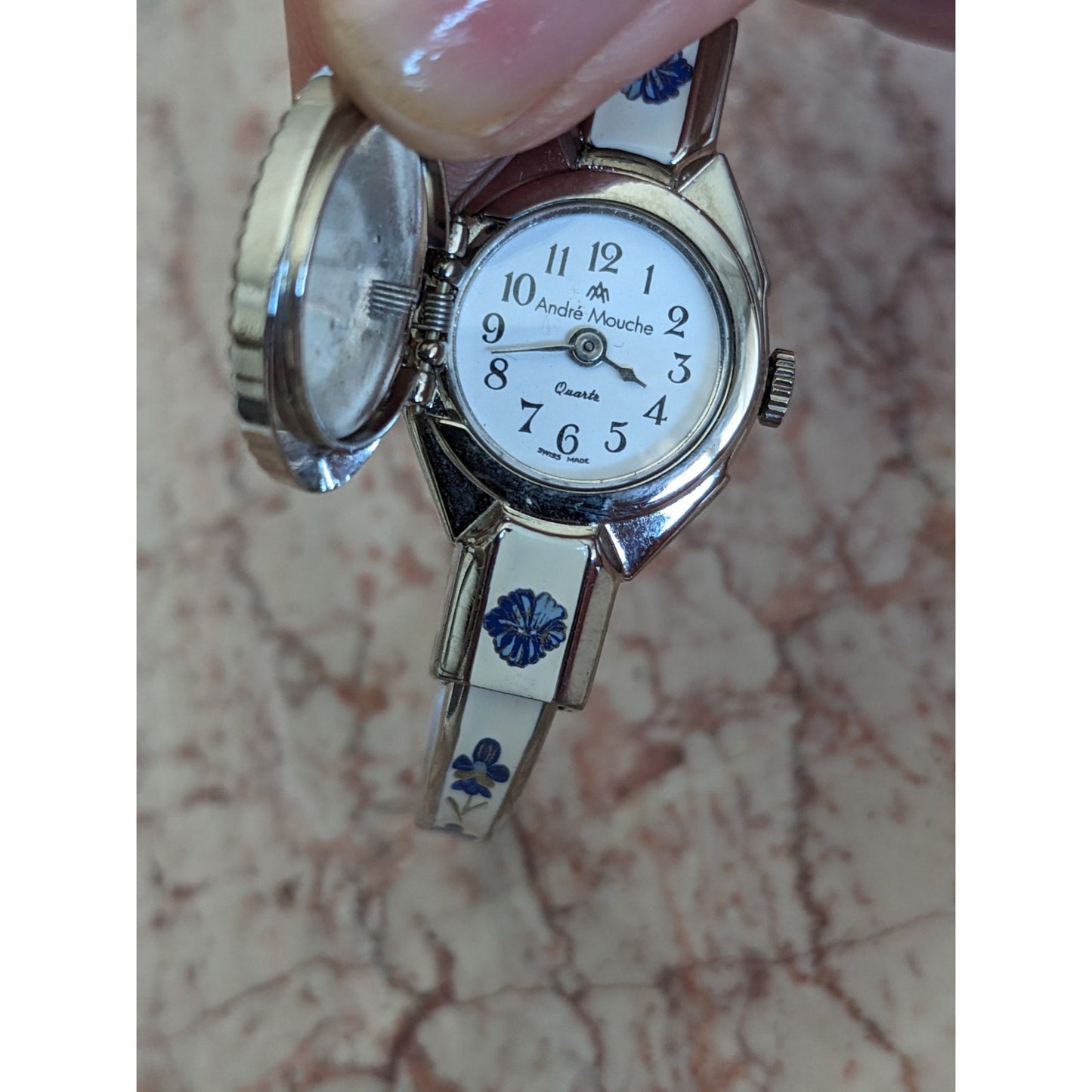 Vintage Andre Mouche Silver Tone Bangle Watch White Enamel Blue Flowers