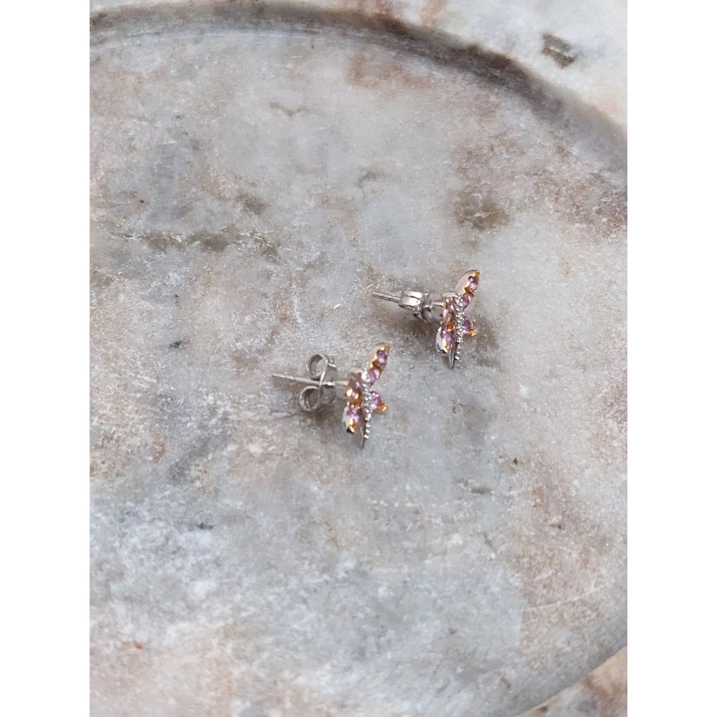 Estate 14k Gold Pink Sapphires and Diamond Dragonfly Stud Earrings