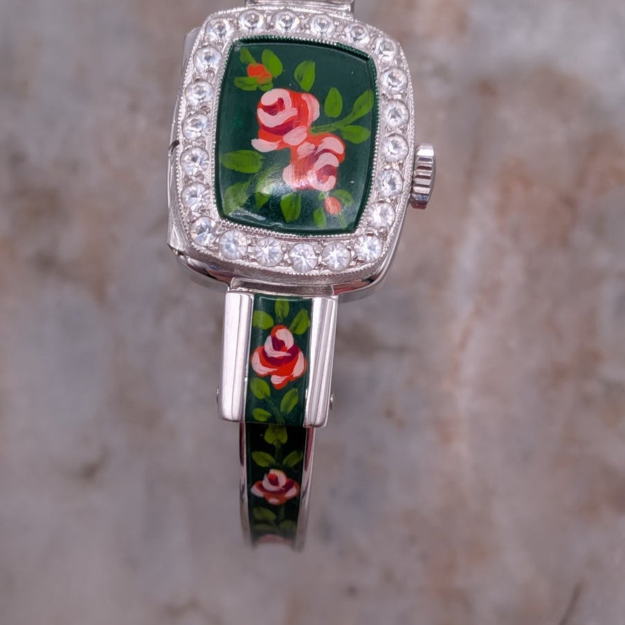 Vintage Chandler MANUAL Silver Tone Peekaboo Watch Dark Green Enamel & Flowers
