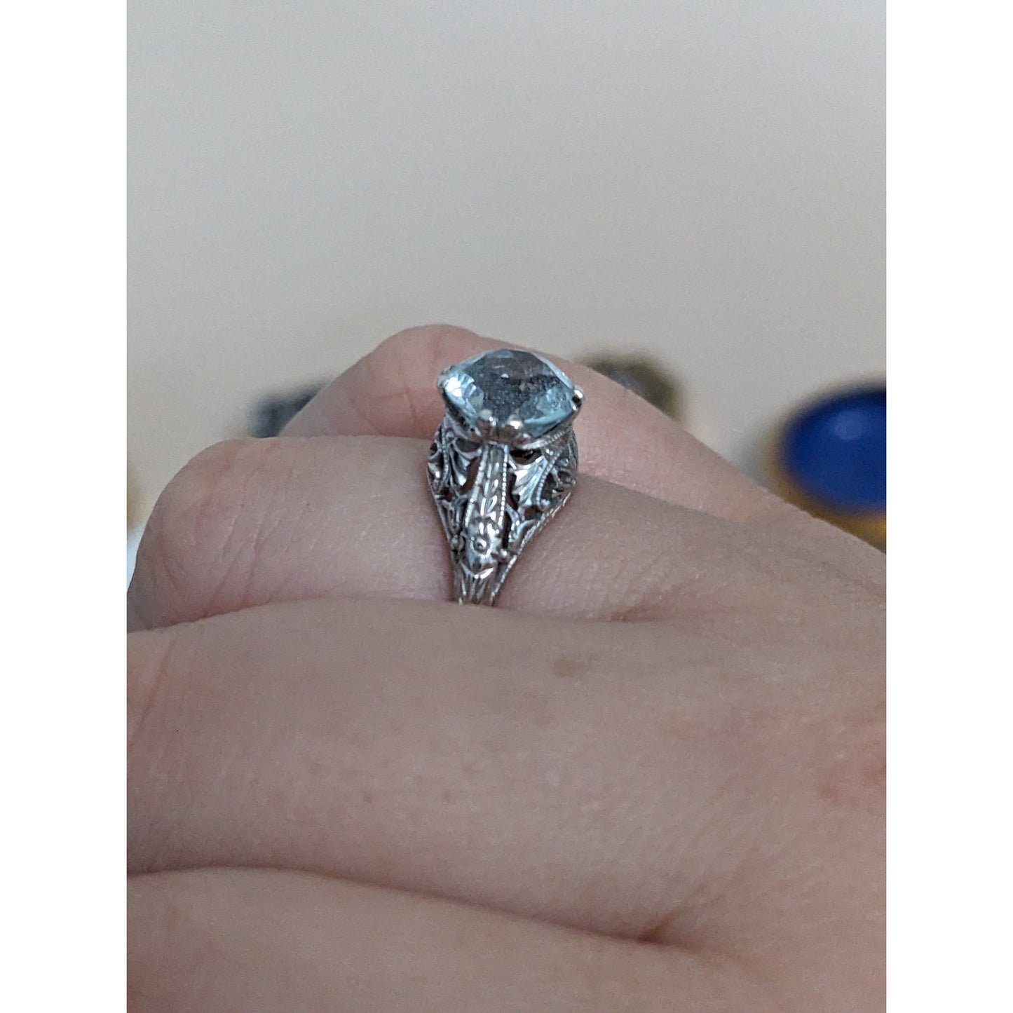 Vintage 18k White Gold Light Blue Gem with Filigree Design Ring Size 6.75 US