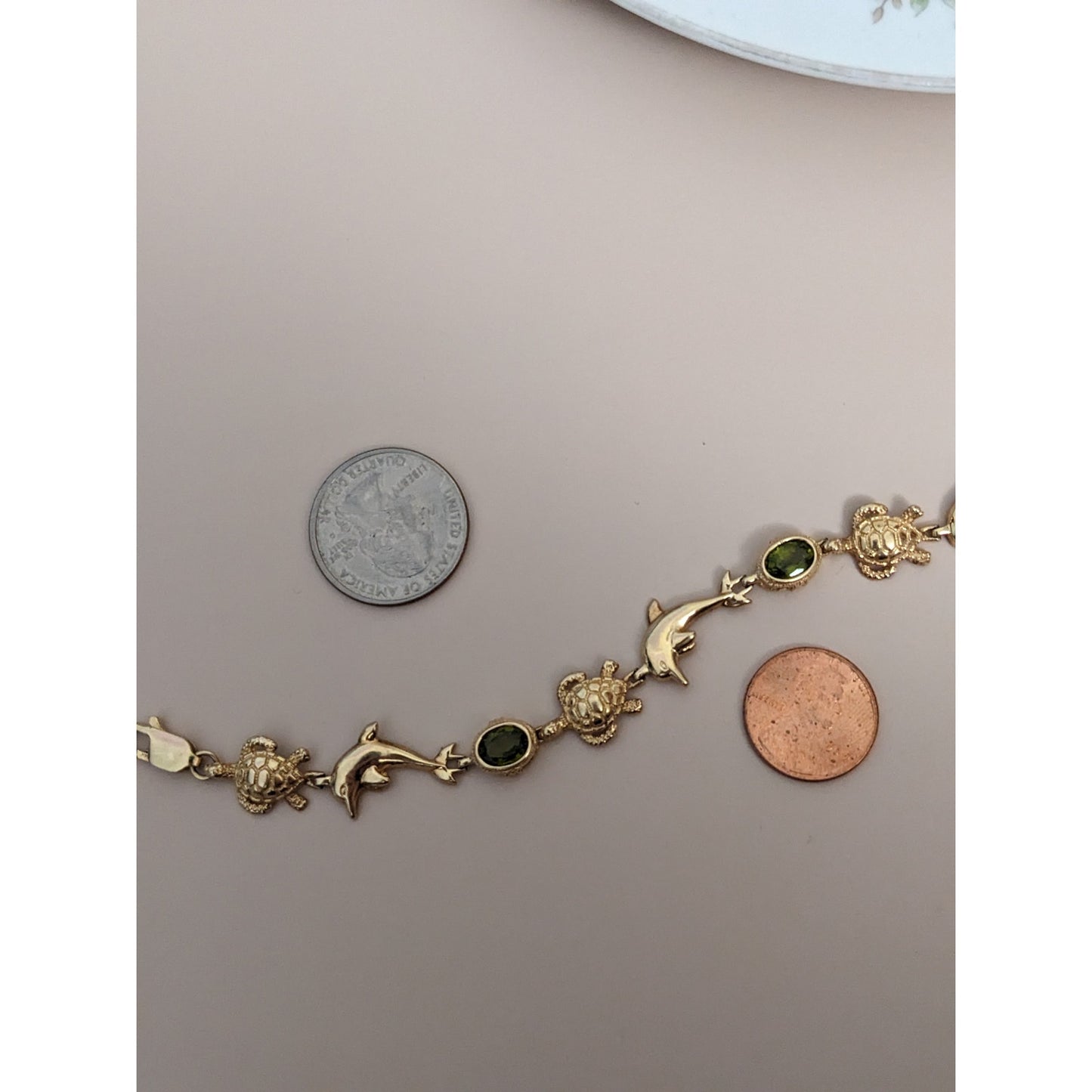 Vintage 14k Yellow Gold Peridot Turtle and Dolphin Bracelet 7.5in