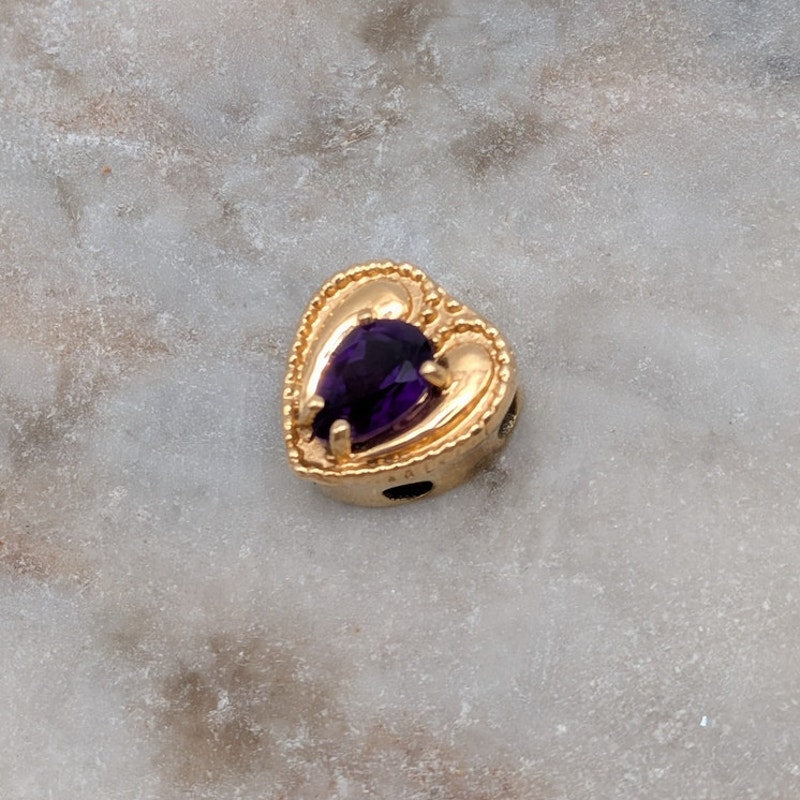 Vintage Old Victoria 14k Gold Heart Bracelet Slide Charm Purple Stone