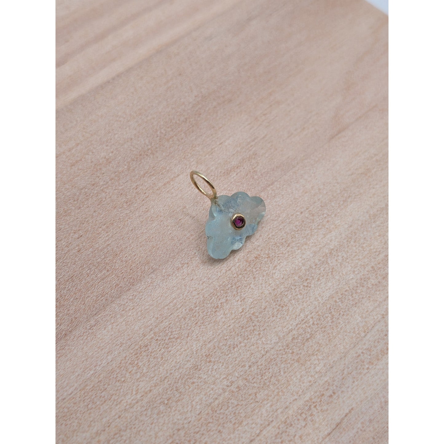14K Gold Blue Topaz Cloud Pendant Natural Ruby Inlay Carved Gemstone