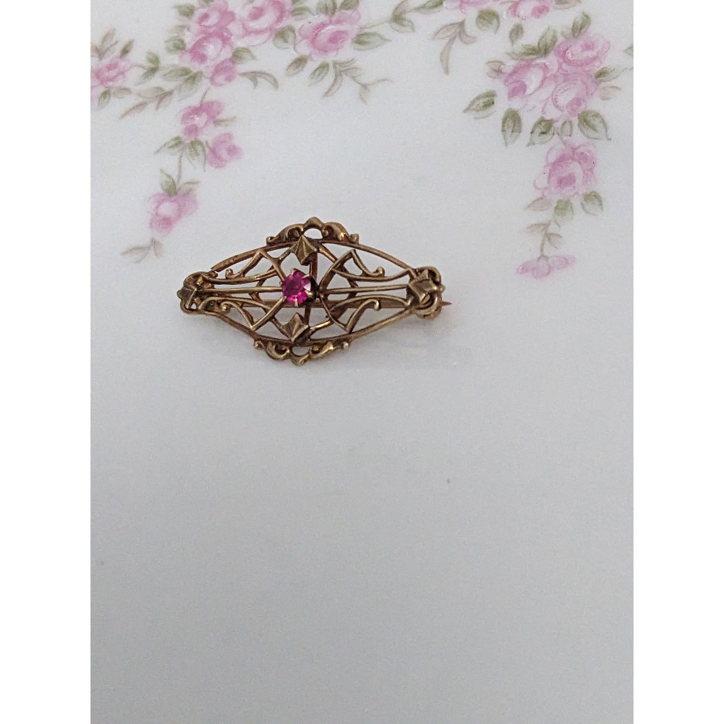 Antique 14k Gold Mini Dainty Pink Glass Victorian Flower Brooch