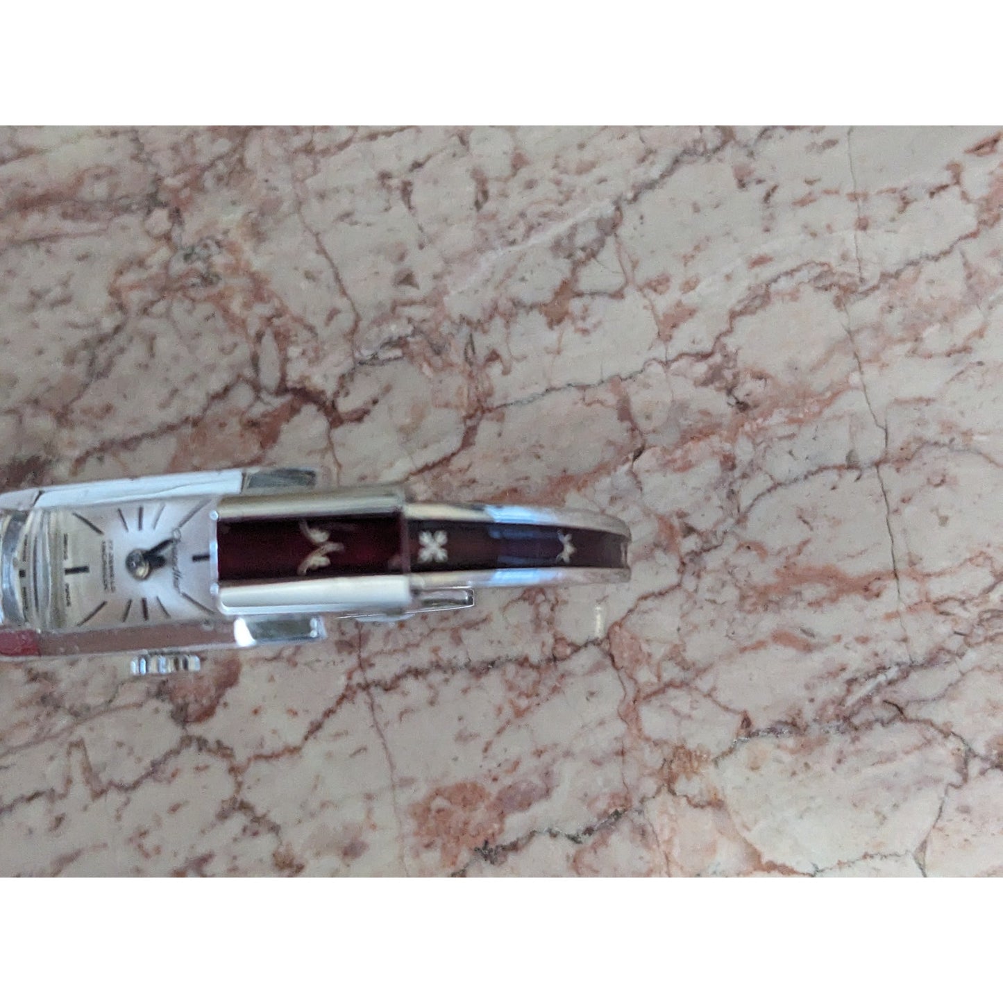 Vintage Chandler Manual Silver Tone Bangle Watch Red Enamel Botanical Shqapes