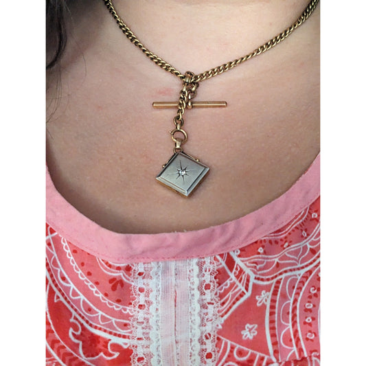 Vintage 18k Yellow Gold Watch Chain with White Gem Locket and T Bar