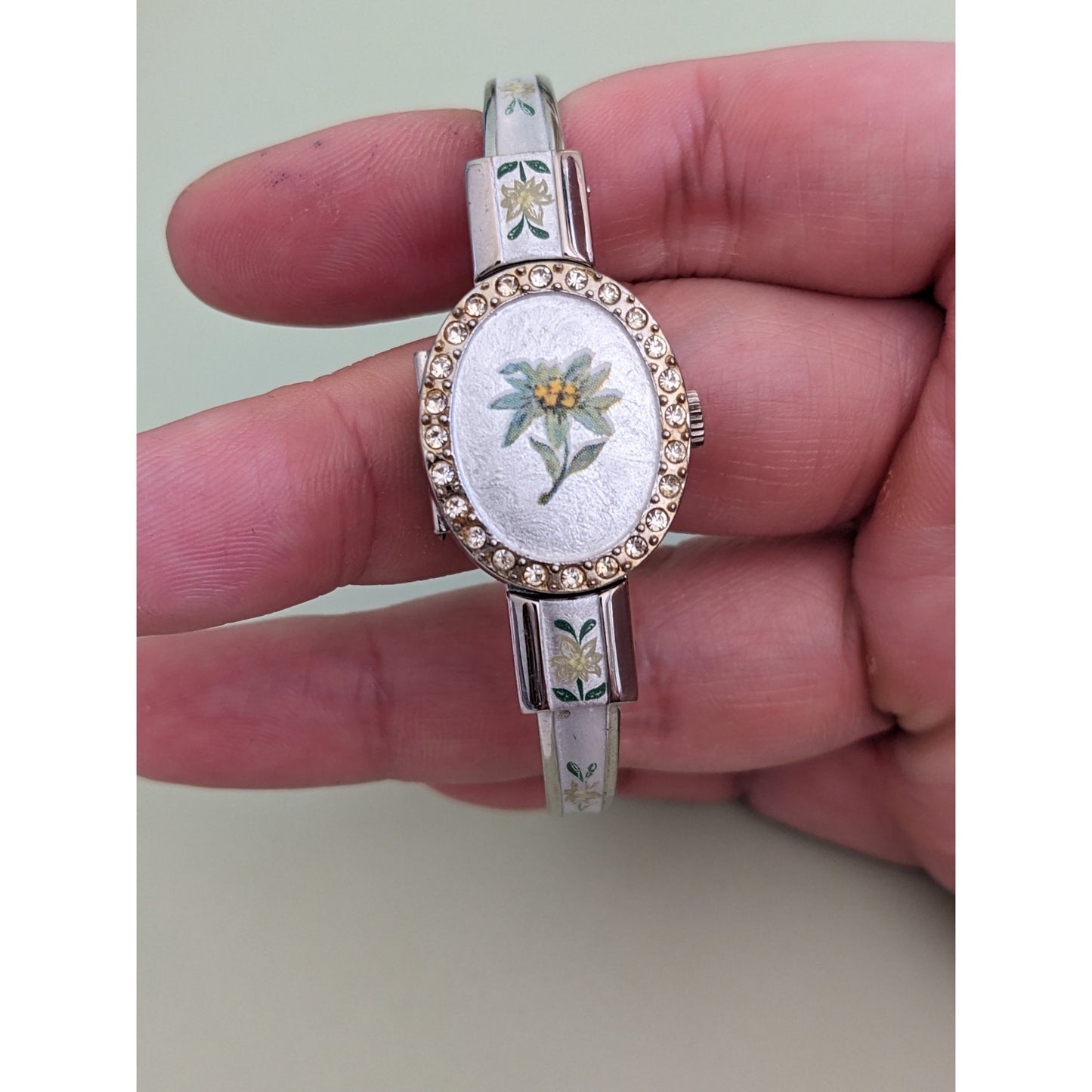 Vintage Andre Mouche Silver Tone Bangle Peekaboo Watch, Silver Enamel