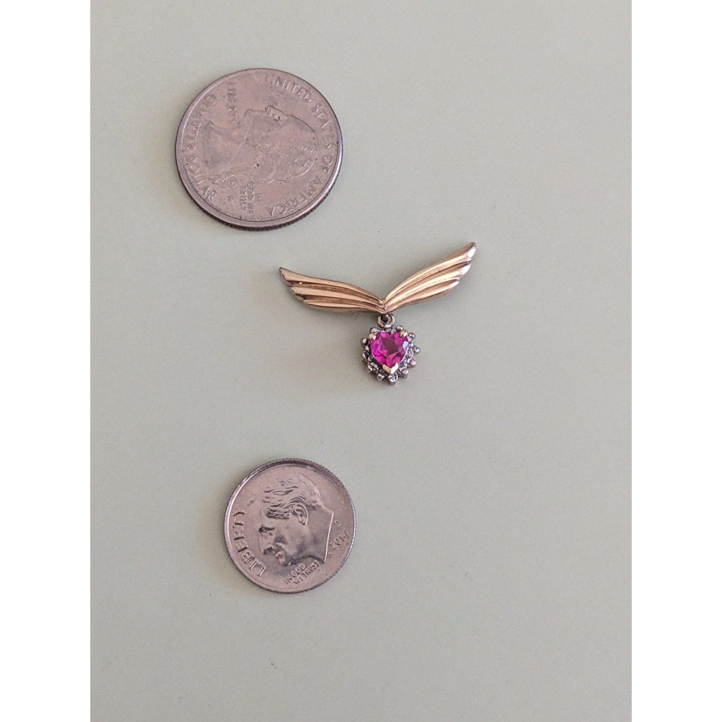Vintage 10k Yellow Gold Heart Gem with Wings Pendant