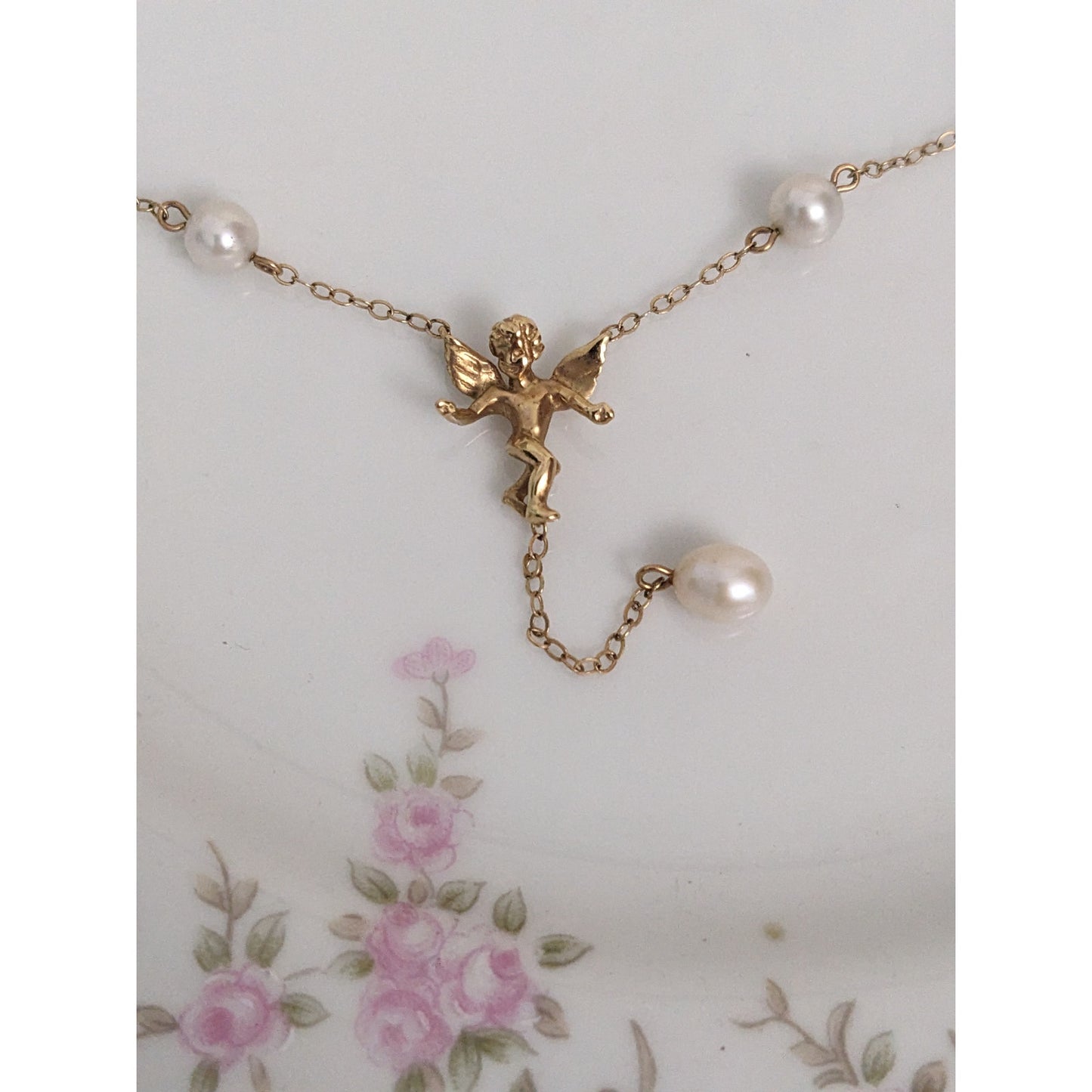 Vintage 14k Dainty Pearl and Chain Necklace with Dangling Cherub Angel 16.5in