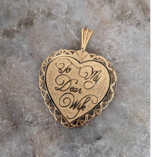 Vintage 14k Gold Heart Pendant "To My Dear Wife" & "With All My Love 4 Ever"