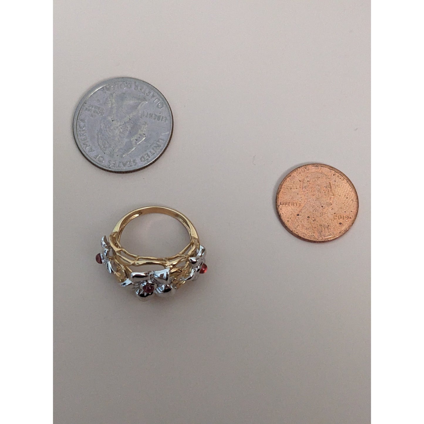 Estate 14k Yellow and White Gold Flower Ring with Pink Gems Size 5 US