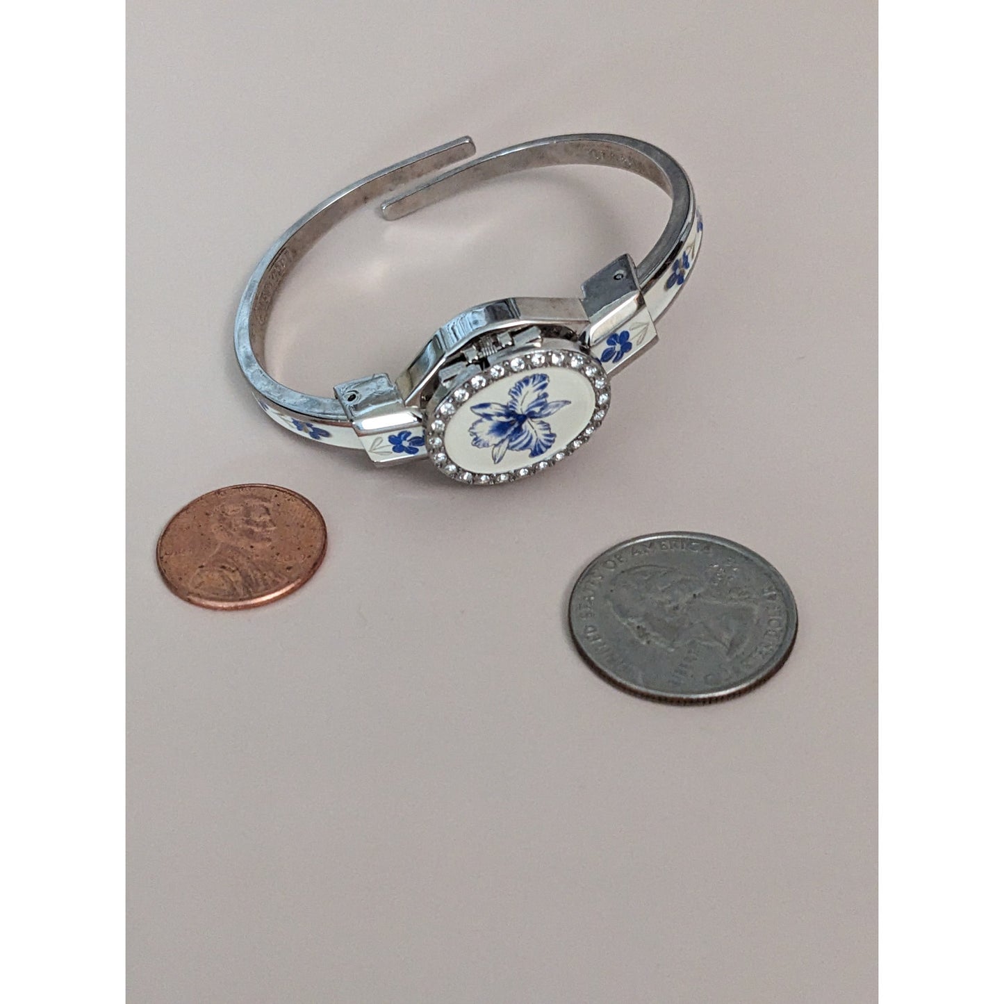 Andre Mouche Silver Tone Peek a Boo Watch Blue Floral Enamel White Gems Working