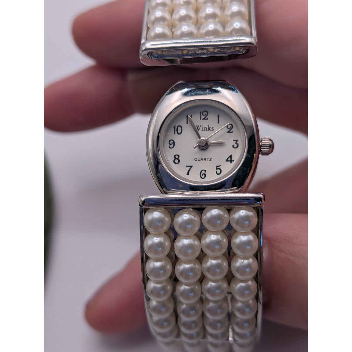 Preowned Winks Silver Tone Faux Pearl Peekaboo Bangle Watch