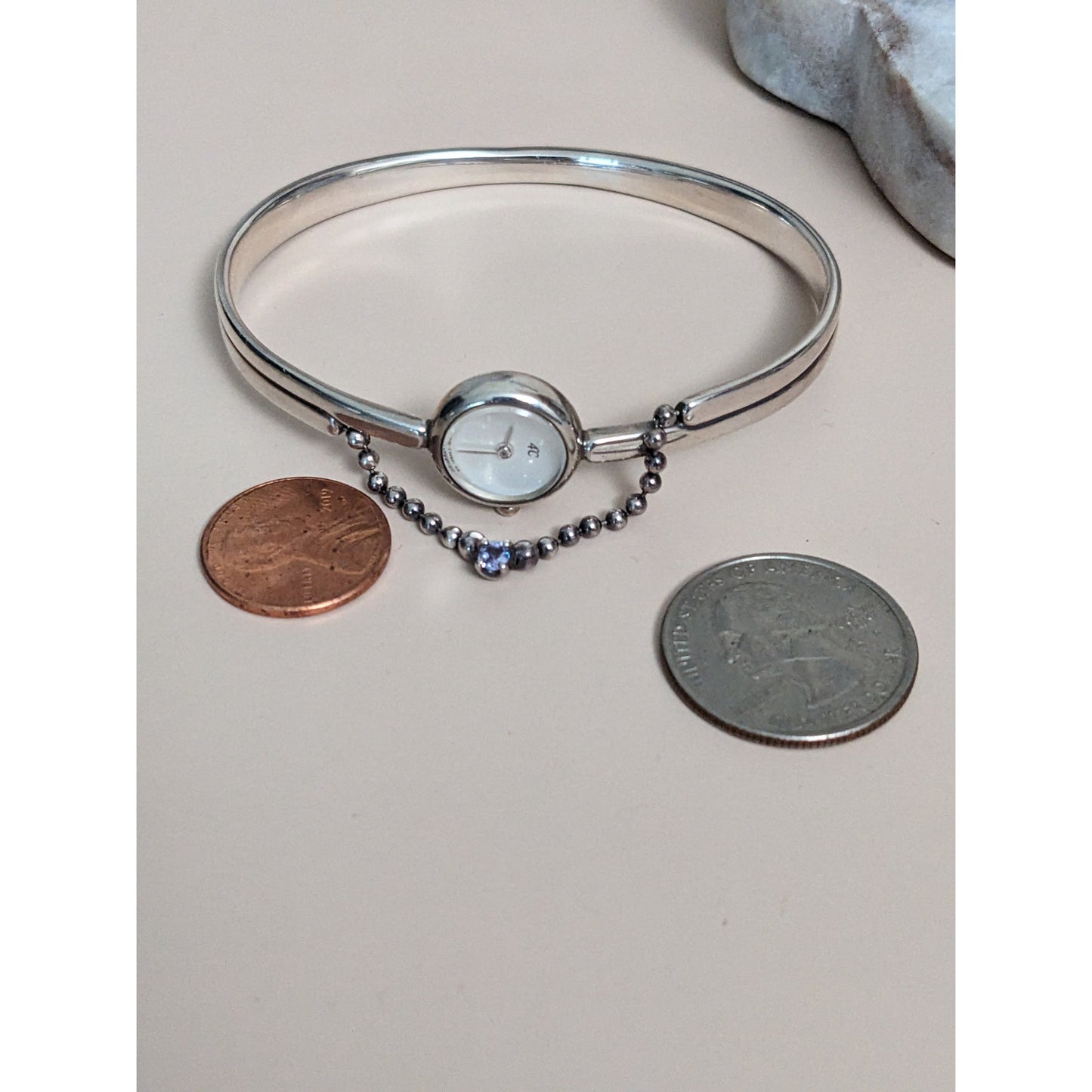 Vintage Andre Mouche Silver Tone Bangle Watch with Blue Floral Enamel Working