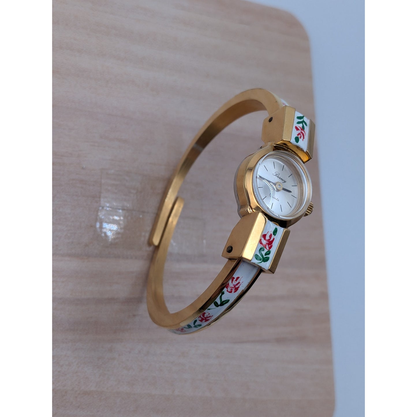 Vintage Berney Gold Tone Watch White Enamel with Red Flowers