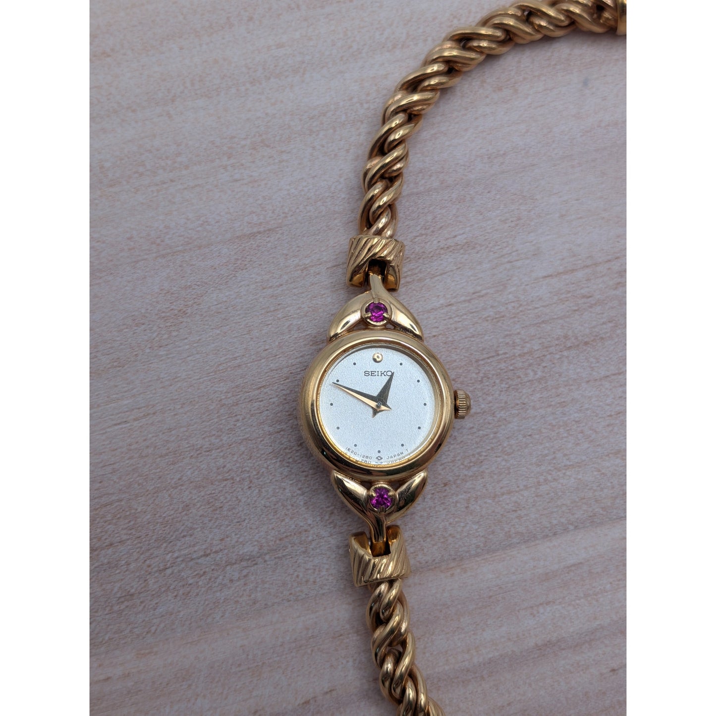 Vintage Seiko Dainty Gold Tone Rope Watch with Pink Stones