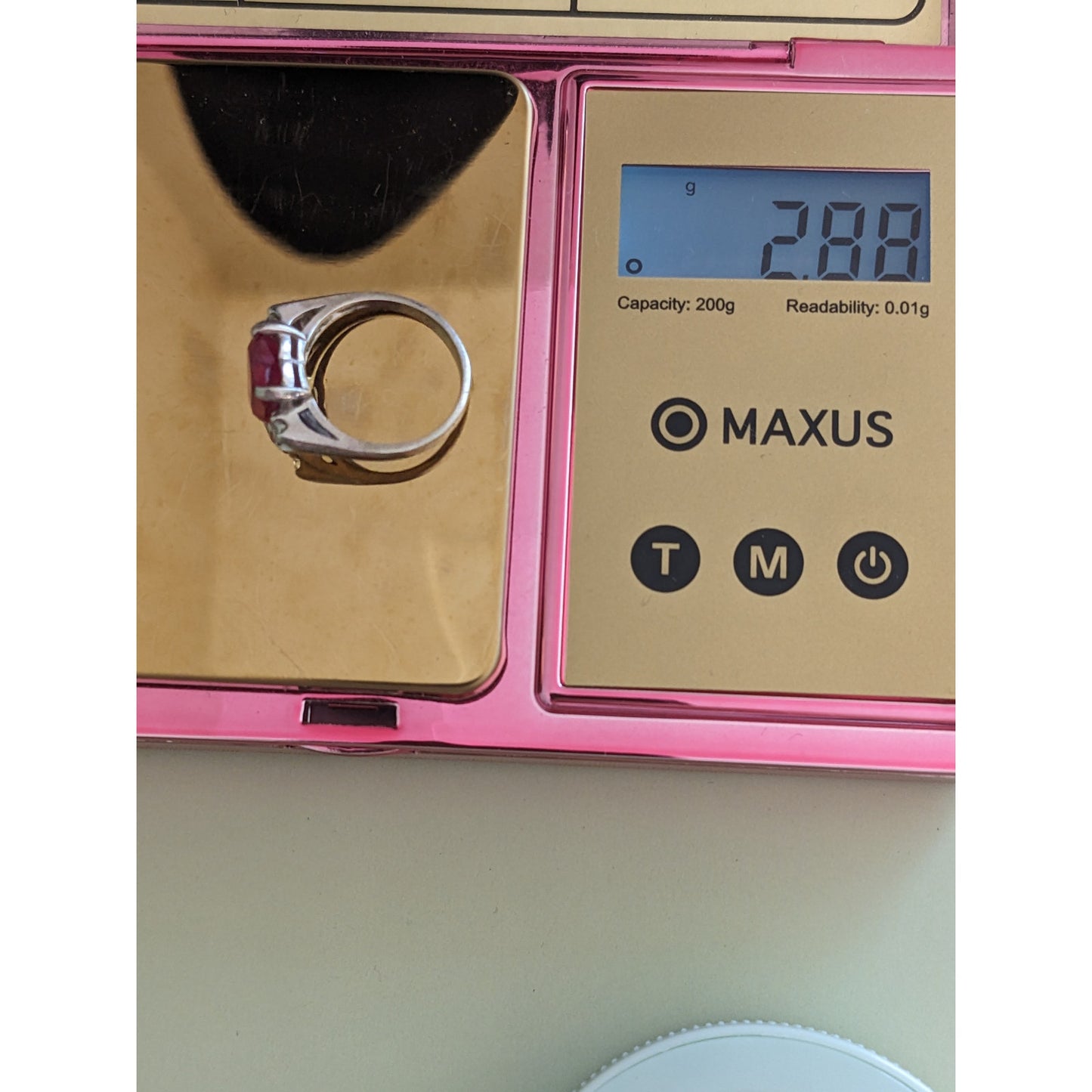 Vintage 10k White Gold Ring with Red Heart Gem and Diamond Accents Size 4.25