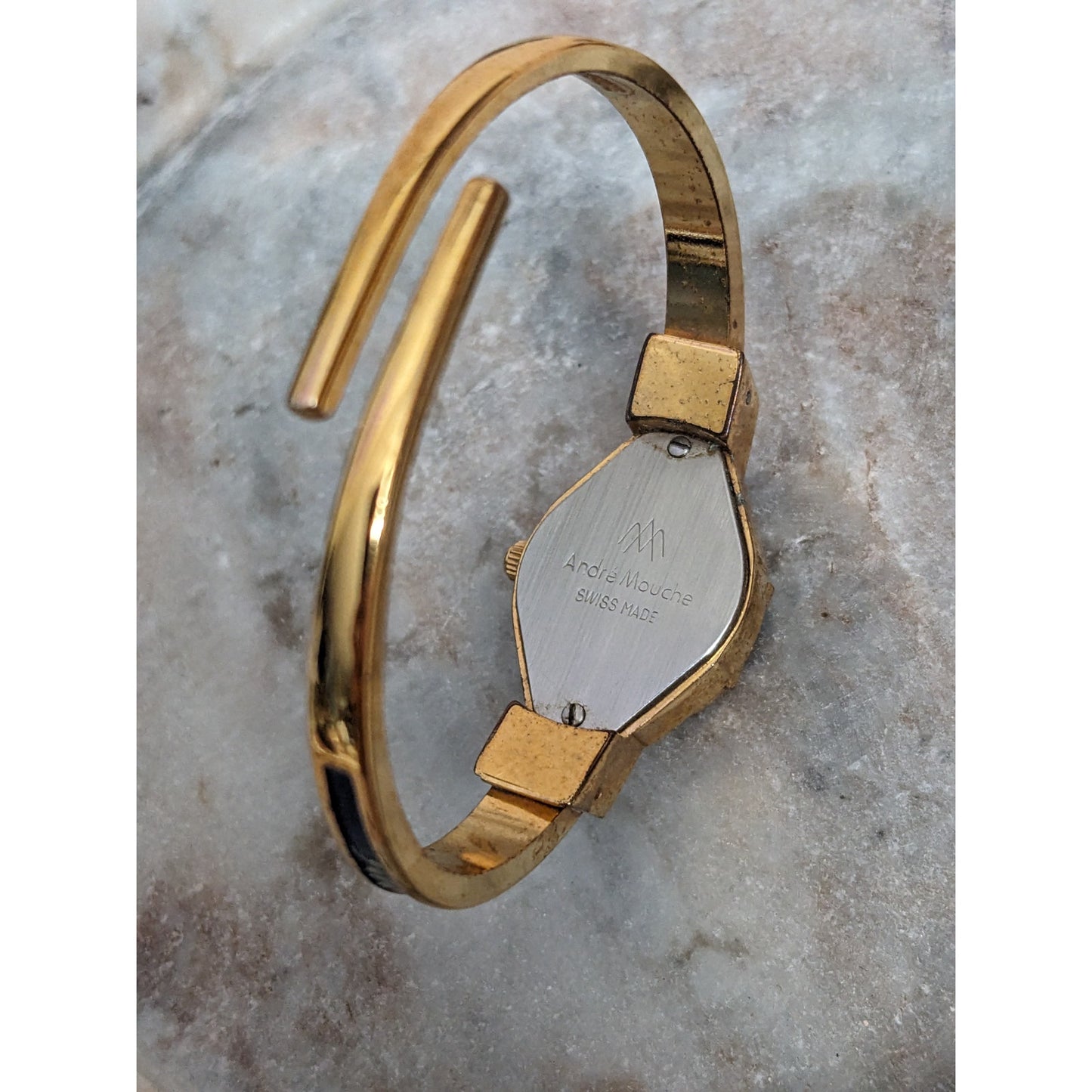 Vintage Andre Mouche Gold Tone Bangle Watch with Deep Blue Floral Enamel Working