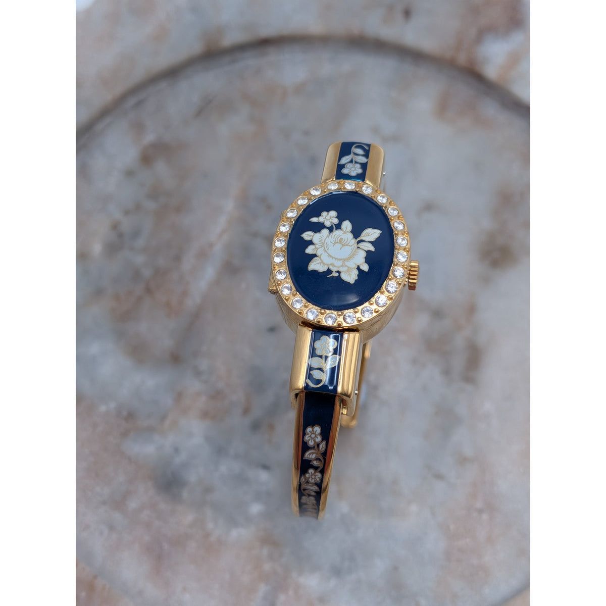 Vintage Andre Mouche Gold Tone Peekaboo Watch Blue Enamel White Flowers in Box