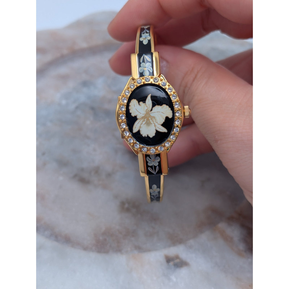 Vintage Andre Mouche Gold Tone Peekaboo Watch Black Enamel White Flower & Stones