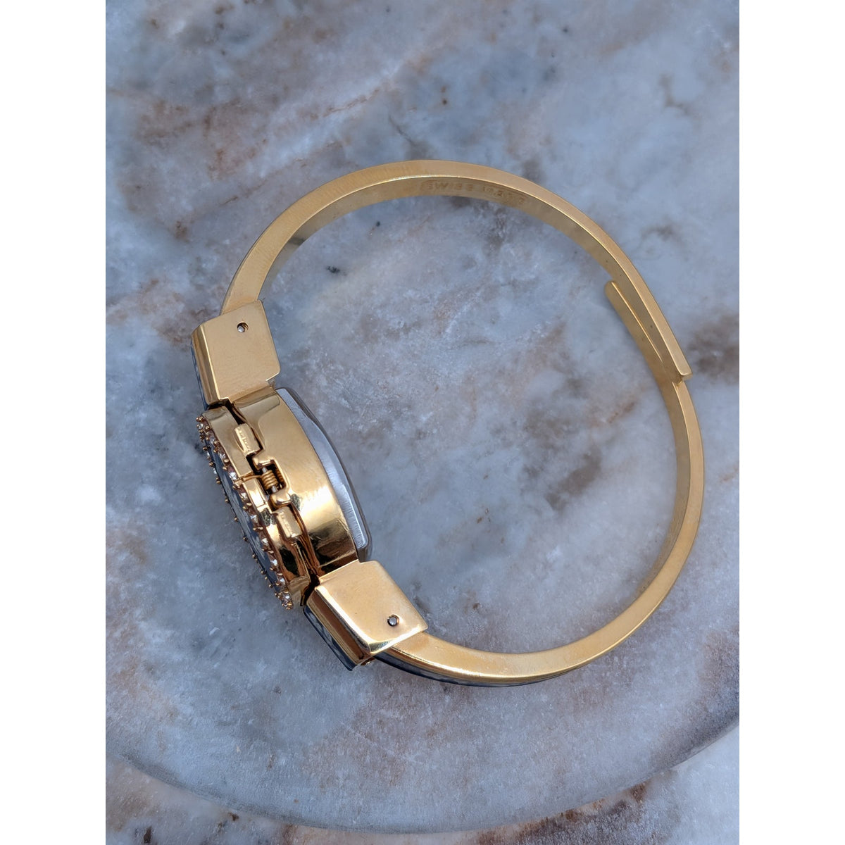Vintage Andre Mouche Gold Tone Peekaboo Watch Blue Enamel White Flowers & Stones