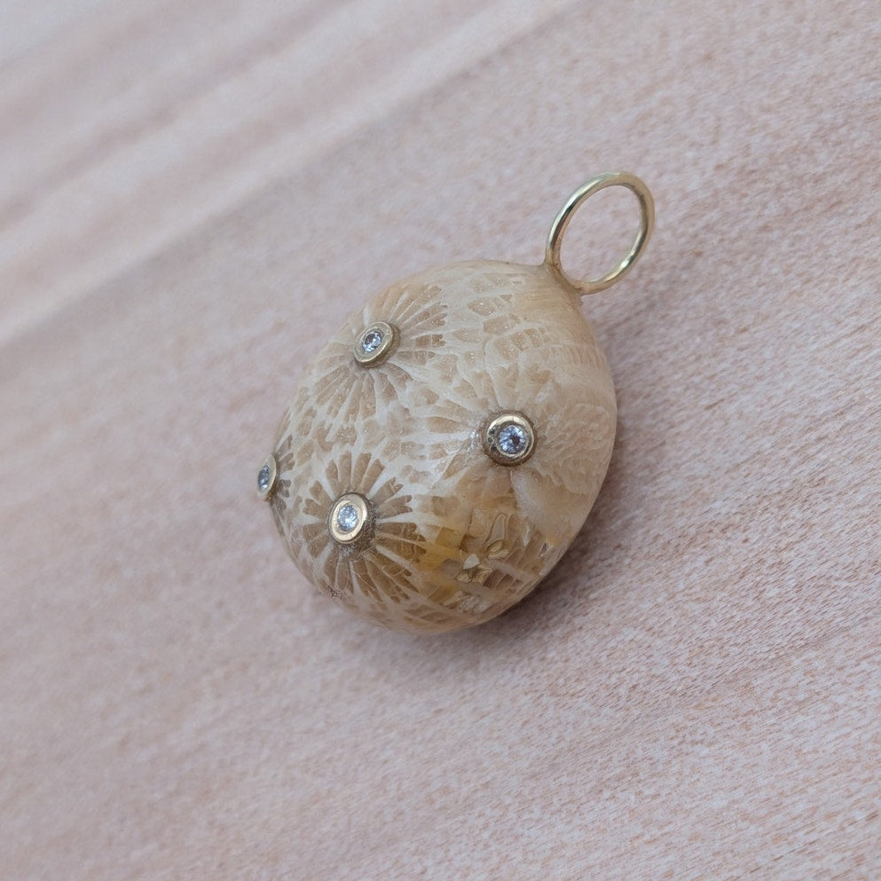Carved Fossil Coral Pendant in Solid 14K Gold with Natural Diamonds Pendant