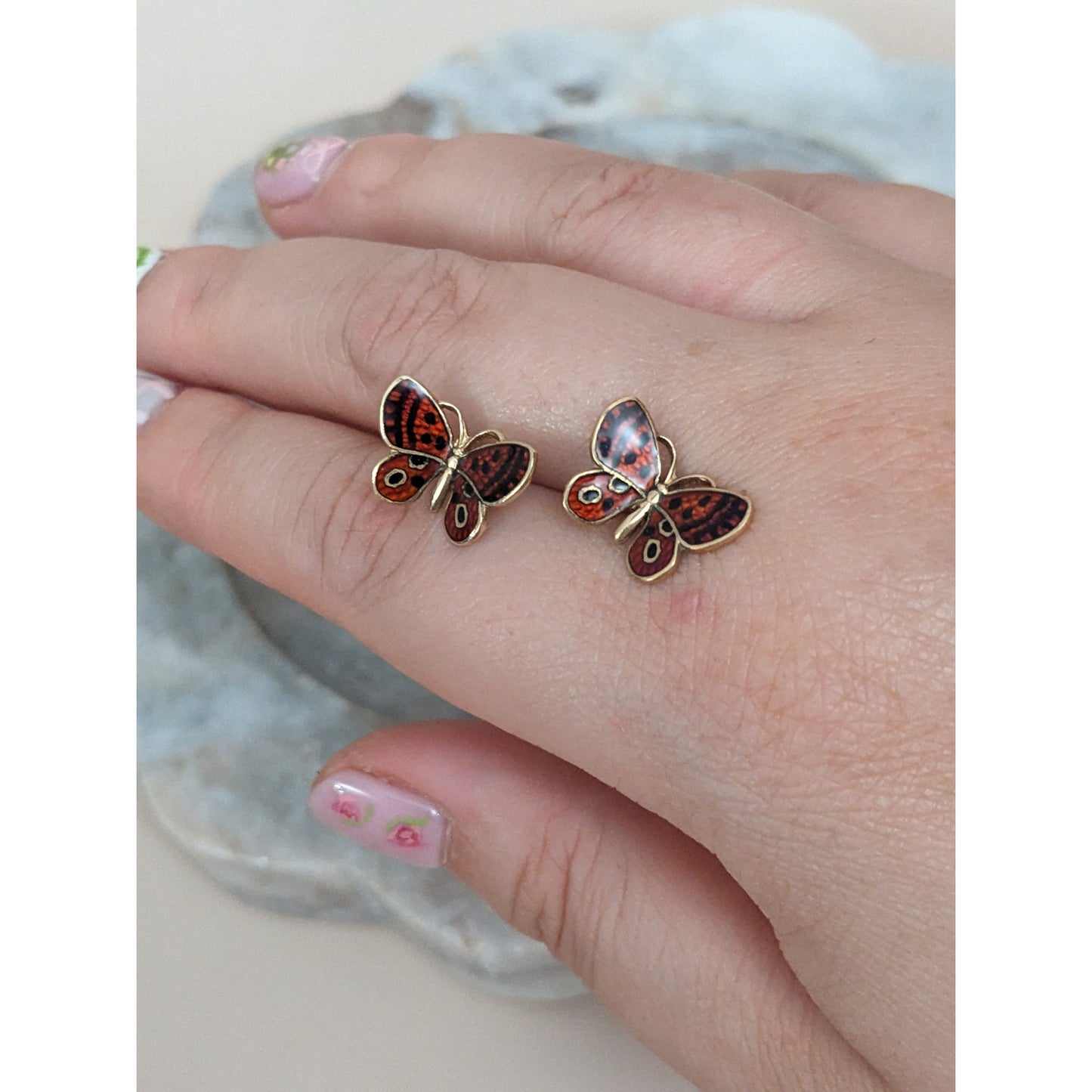 Vintage 14k Yellow Gold Butterfly Enamel Red and Black Stud Earrings