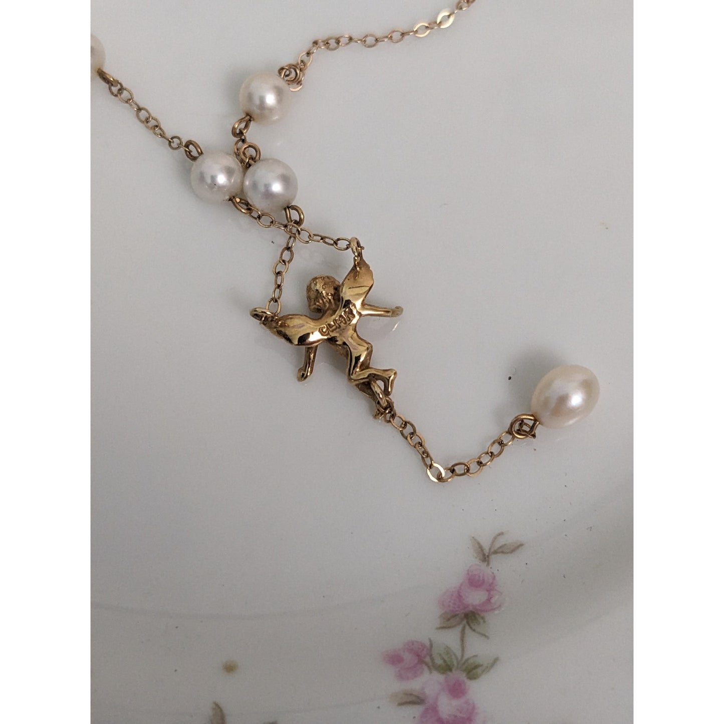 Vintage 14k Dainty Pearl and Chain Necklace with Dangling Cherub Angel 16.5in
