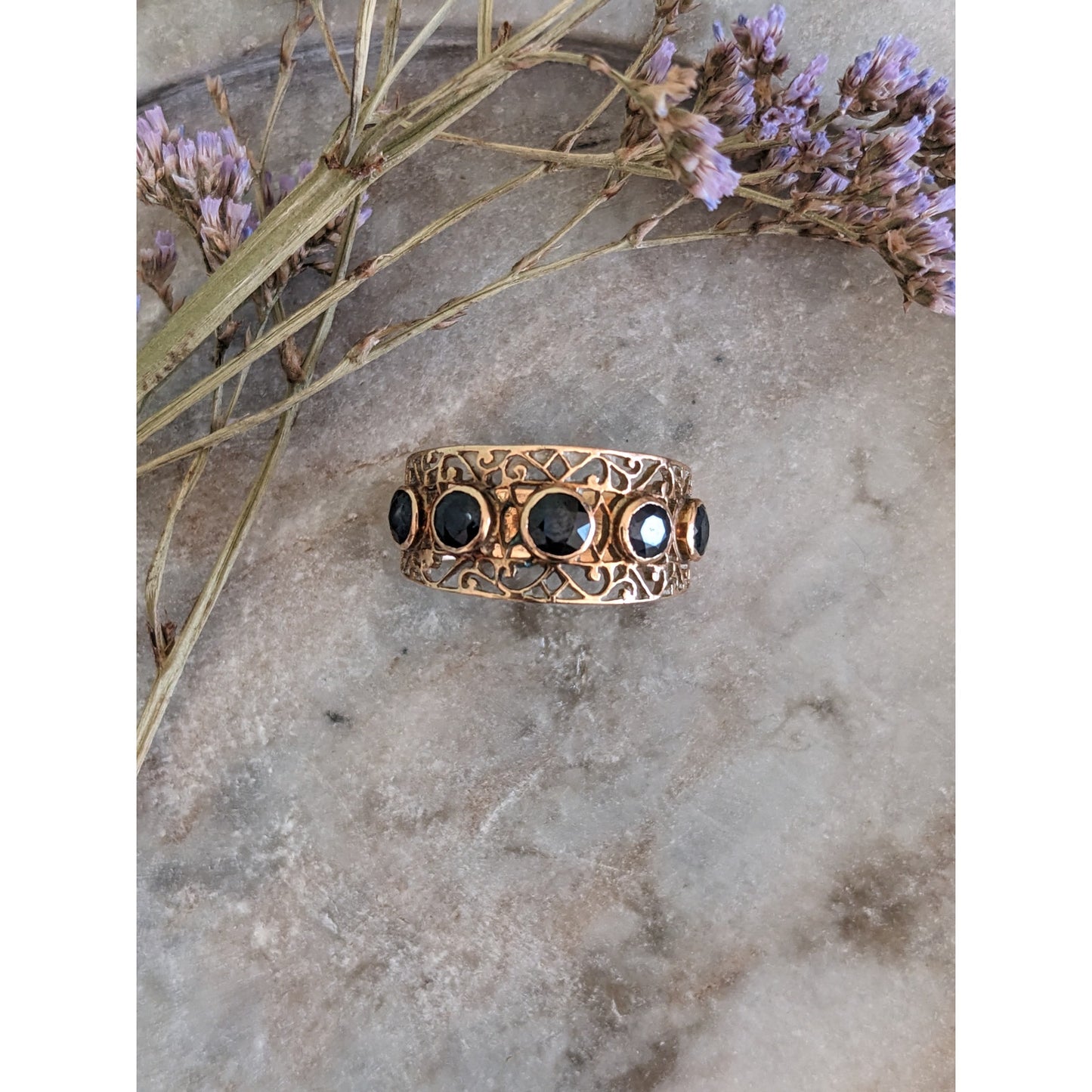 Vintage 14k Yellow Gold Filligree with 5 Sapphires Ring Size 9