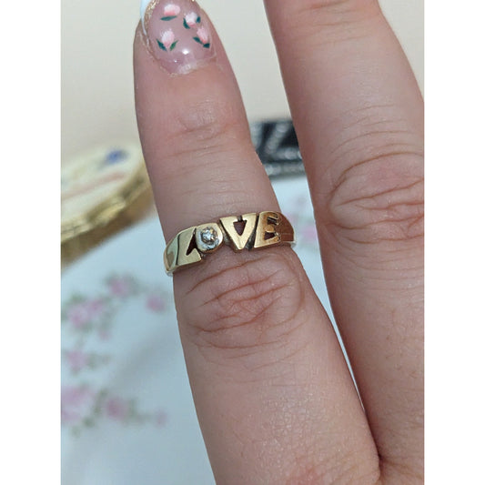 Vintage 14k Yellow Gold "LOVE" Dainty Diamond Accent Ring Size 4.5 US