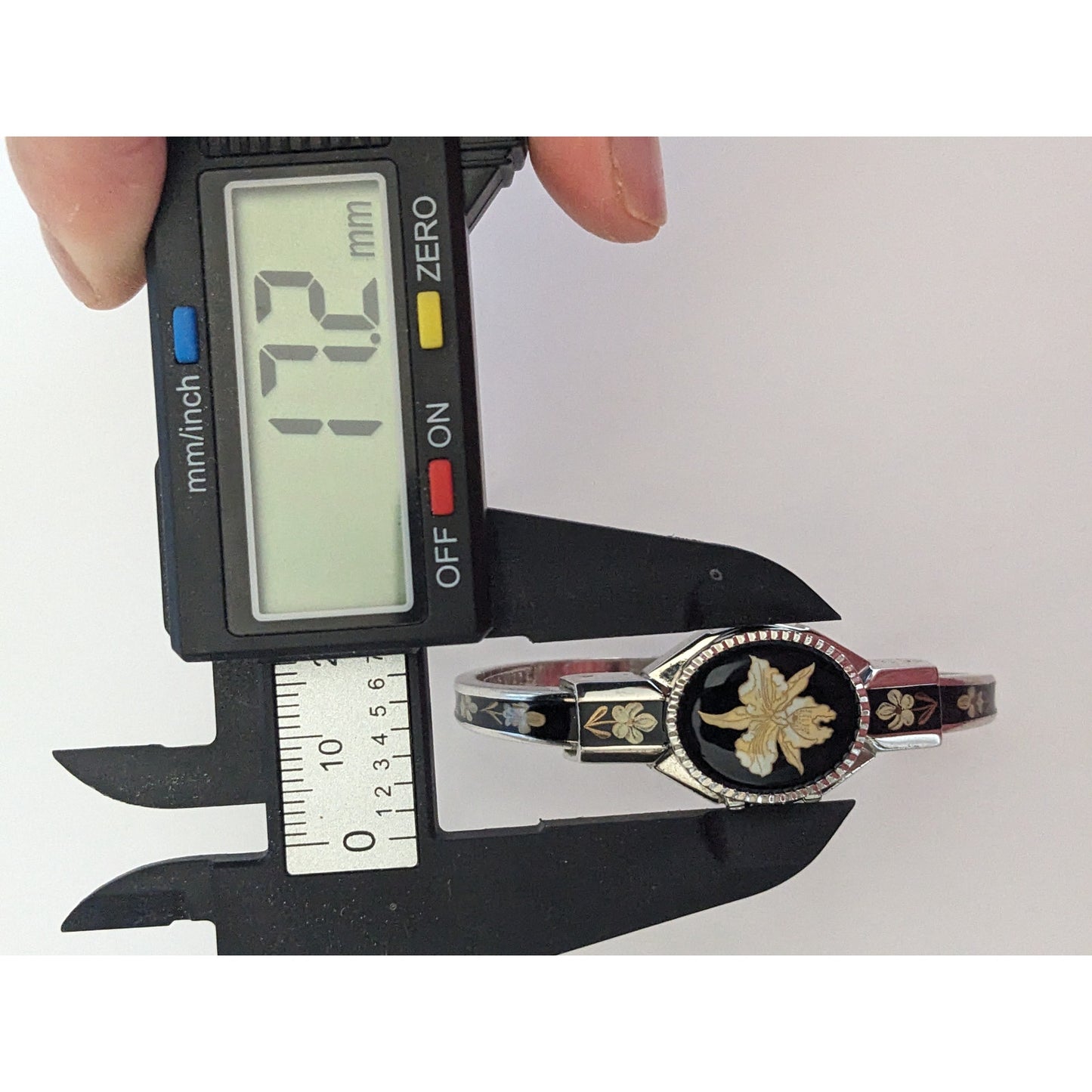 Vintage Andre Mouche Silver Tone Bangle Watch Black Enamel Cream Flowers
