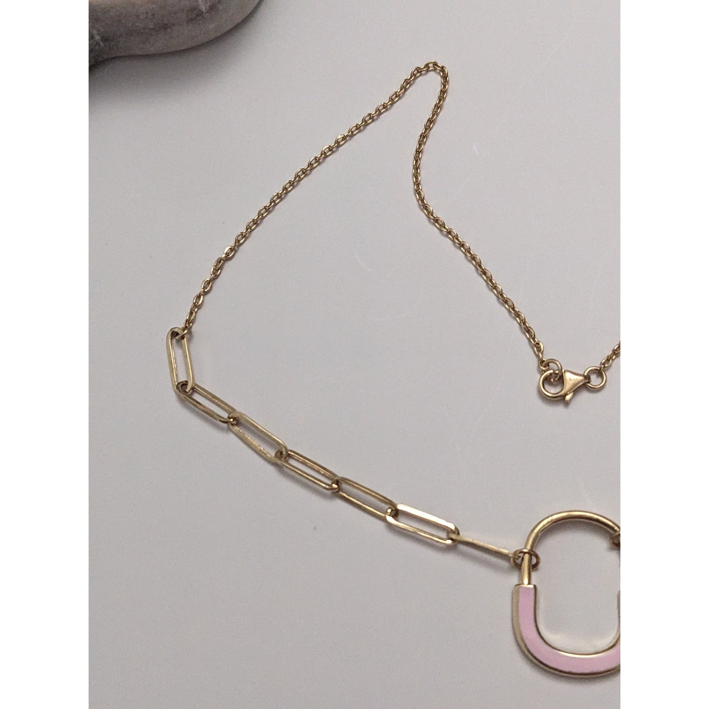 Preowned 14k Yellow Gold Paper Clip Chain Necklace Pink Enamel Pendant 18in