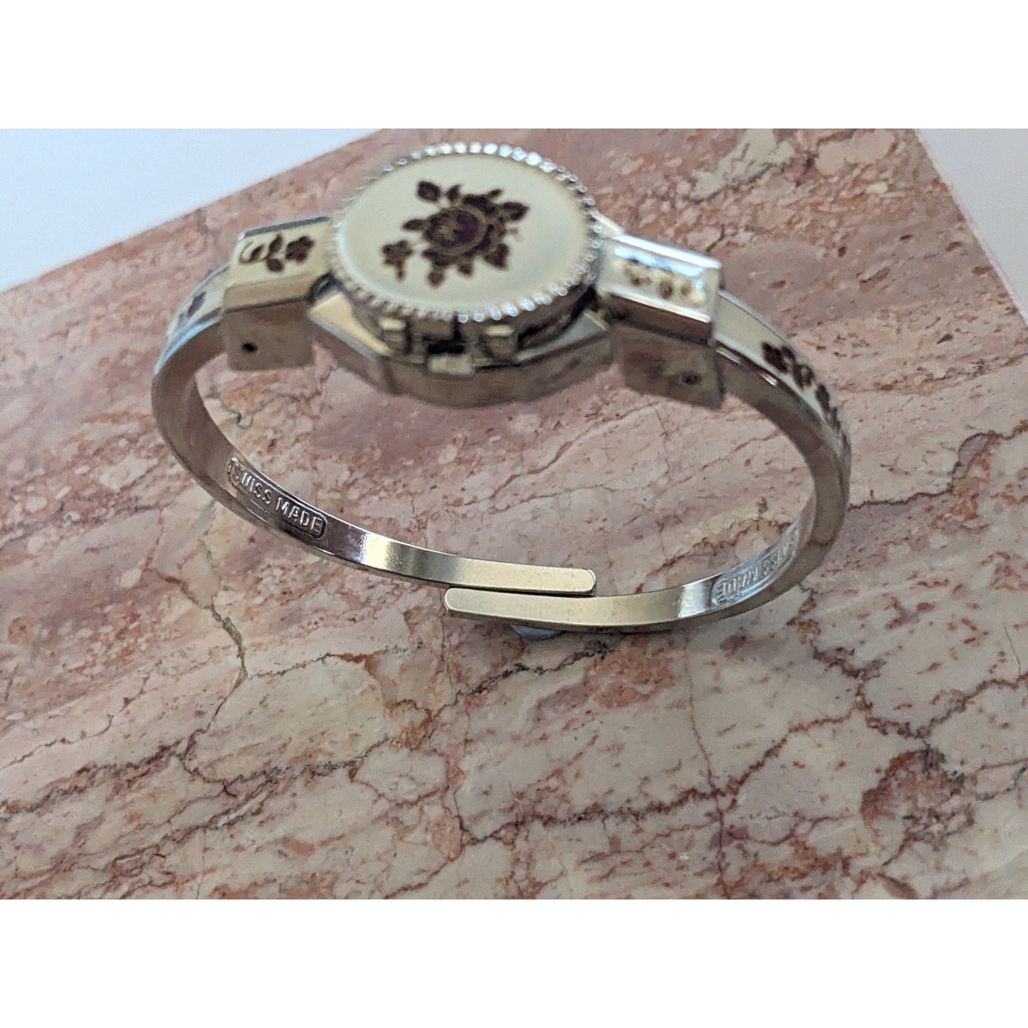 Vintage Andre Mouche Silver Tone Bangle Watch White Enamel Deep Red Flowers