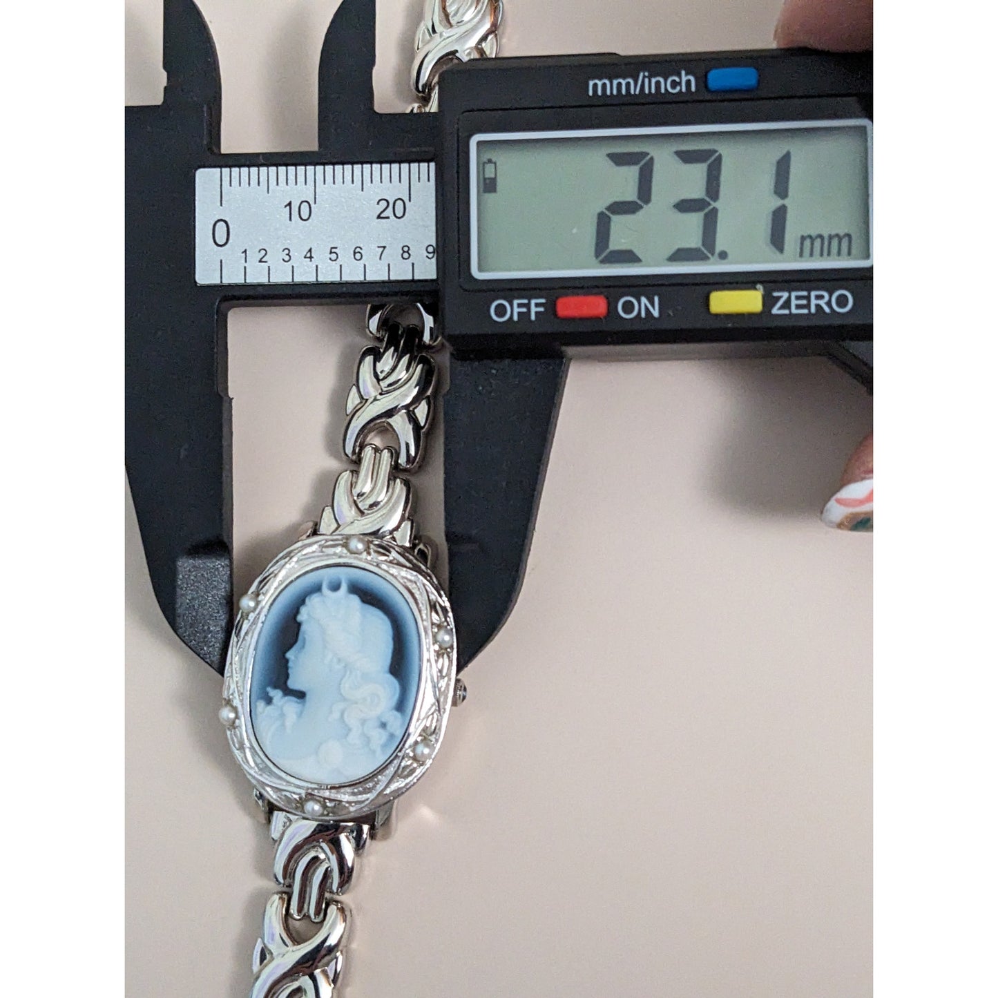 Vintage Andre Mouche Silver Tone Bangle Watch with Blue Floral Enamel Working