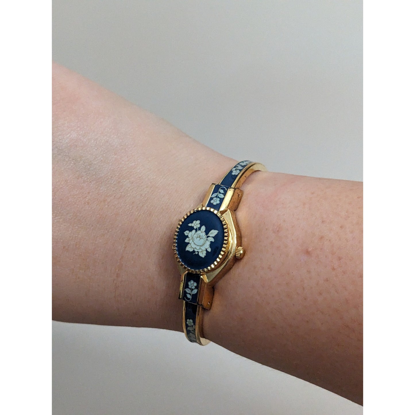Vintage Andre Mouche Gold Tone Bangle Watch with Deep Blue Floral Enamel Working