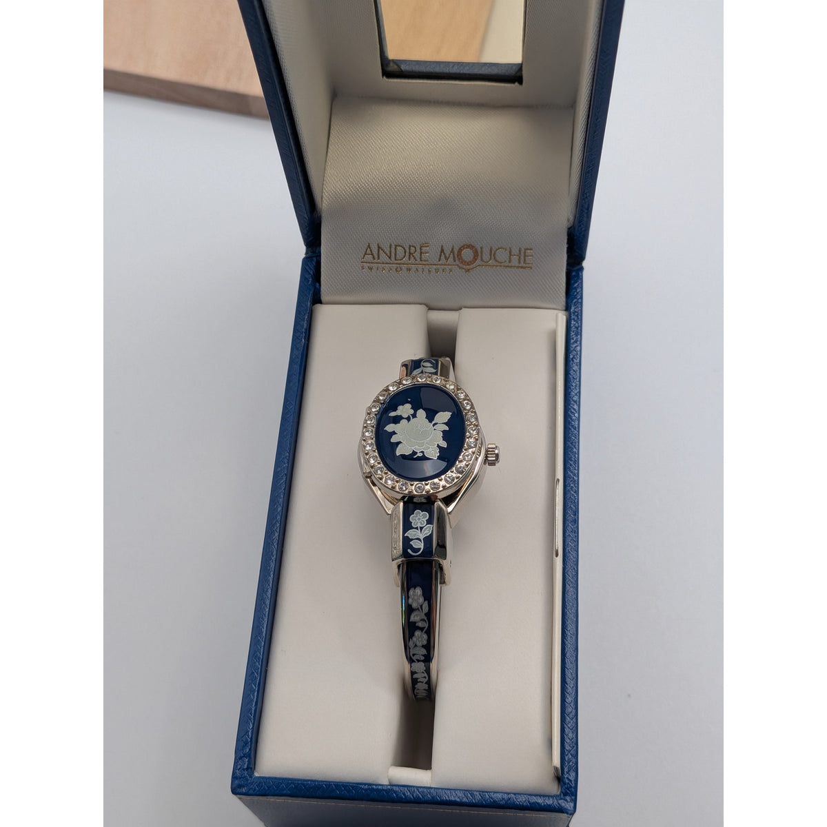 Vintage Andre Mouche Silver Tone Peekaboo Watch Blue Enamel White Flowers w/Box